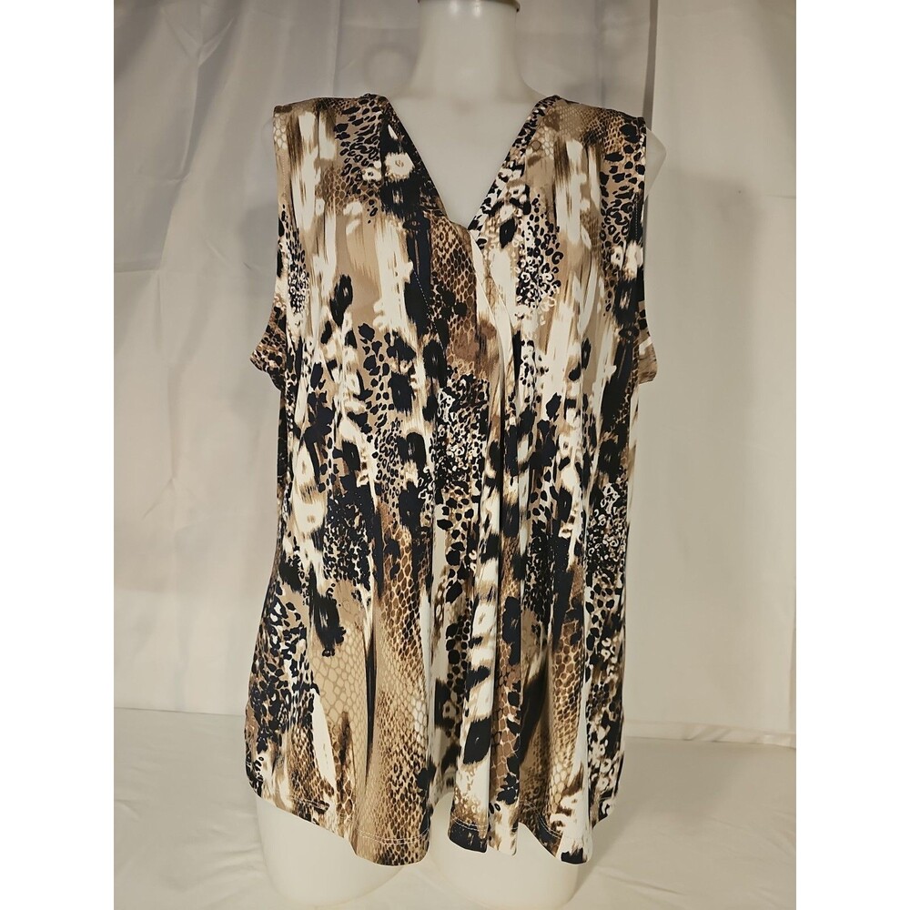 New Dana Buchman Women Blouse Top Shirt Sz XL Brown Print Sleeveless V- Neck